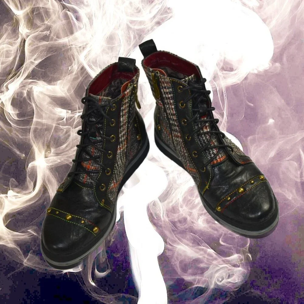 Spring Step L’Artiste Rehja Black Brown Plaid Combat Boot Size 36 (US 5.5 -6)